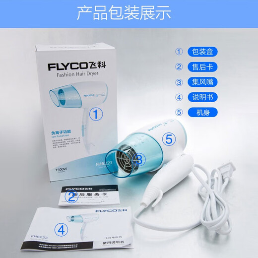 飞科（FLYCO）电吹风机家用恒温负离子恒温速干护发大功率电吹风宿舍可折叠冷热风网红款电吹风机 FH6223【1600W蓝色折叠款】