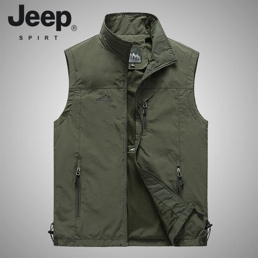 JEEP SPIRIT春季薄款爸爸装中老年男士马甲口袋钓鱼背心坎肩休闲工装外套爷爷 军绿 L