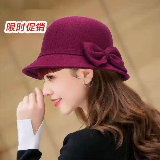 Pisces Rabbit Felt Hat Women's Autumn and Winter Big Face Slim Versatile Fashion Woolen Hat Korean Style Felt Hat Retro British (Big Bow) Wine Red Adjustable Head Size 57CM