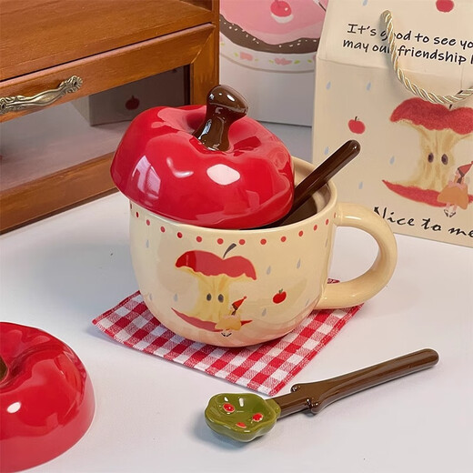 Mengfu (mengfu) Christmas mug for women with lid, apple ceramic mug, Christmas gift for girl, girlfriend, birthday couple mug, apple bear mug, spoon, gift box