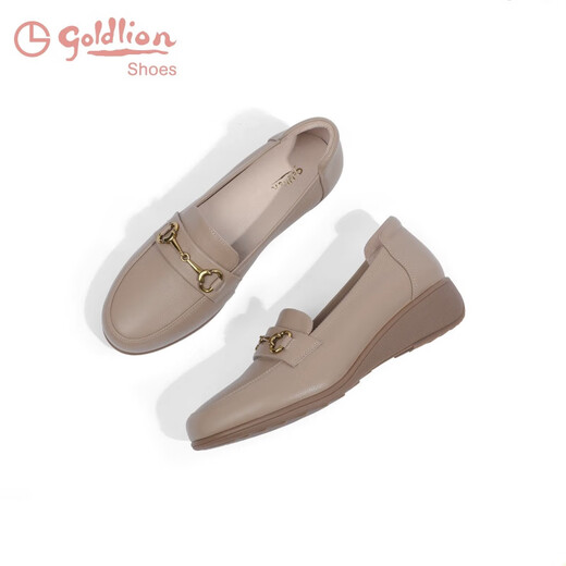 金利来（goldlion）妈妈皮鞋秋季新款女鞋一脚蹬浅口女单鞋坡跟乐福鞋 杏色 38