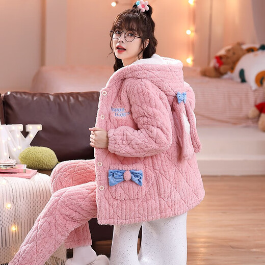 Fengteng Shijia Pyjamas Dreischicht verdickter Baumwollkorallen-Samt warme süße und niedliche Herbst- und Winter-Heimanzug mittelgroß 9901 Pink L (vorgeschlagen 160-165 cm/90-110jin [Jin gleich 0,5 kg])