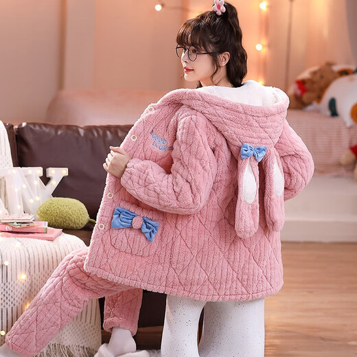 Fengteng Shijia Pyjamas Dreischicht verdickter Baumwollkorallen-Samt warme süße und niedliche Herbst- und Winter-Heimanzug mittelgroß 9901 Pink L (vorgeschlagen 160-165 cm/90-110jin [Jin gleich 0,5 kg])