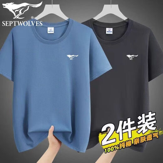七匹狼（SEPTWOLVES）品牌100纯棉短袖T恤男士2025年新款夏季男装短袖T恤休闲宽松百搭 q01深灰+黑色2件装 均码  3xl160-175斤