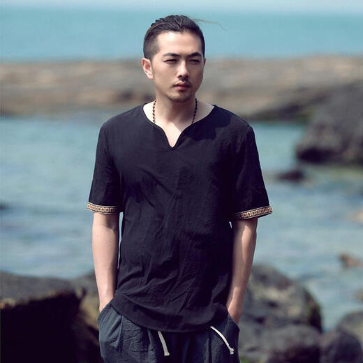 
Lan Junqi Chinese style men's clothing Myanmar clothing short-sleeved T-shirt men's summer loose plus fatty Thai Buddhist clothes S 686 denim blue 5XL