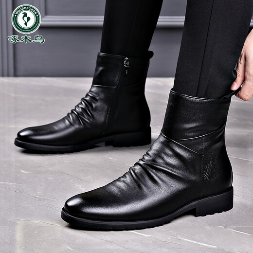 Holzspecker Chelsea -Stiefel Männer echtes Leder Low Top Retro weiche Lederseite Reißverschluss Britisch -Top Short Stiefel und Fleece Martin Boots Herren Schwarz -1 Single Schuh Flachferse 38 240