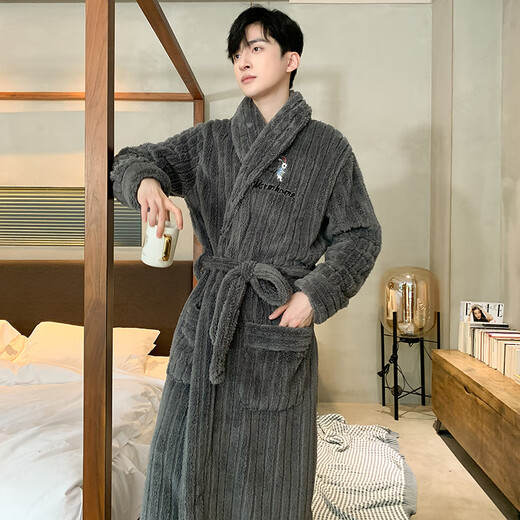 
Langsha pajamas men's autumn and winter flannel thickened lengthy nightgown with velvet warm bathrobe household clothing light gray 3XL