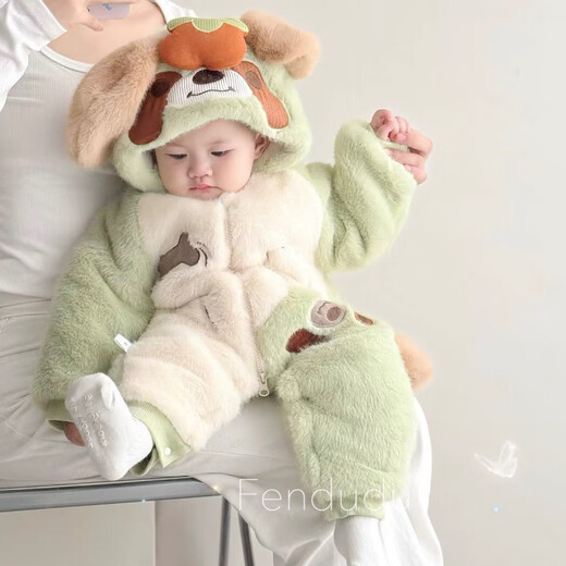 Baby winter thickened khaki, sweet and warm onesie, baby winter velvet crawler suit, thickened super cute outing suit, green bone dog thickened mink velvet jumpsuit 66cm
