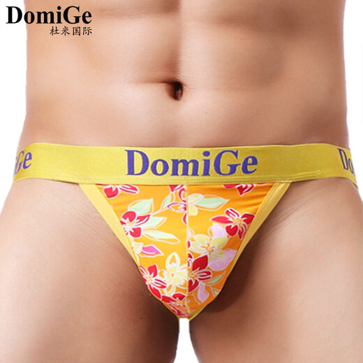 Dumi International men's sexy ultra-thin ice silk underwear printed double-strap T-shaped underwear elastic close-fitting single pack yellow bottom printing 5418 1 pair XXL2.6-2.8 feet