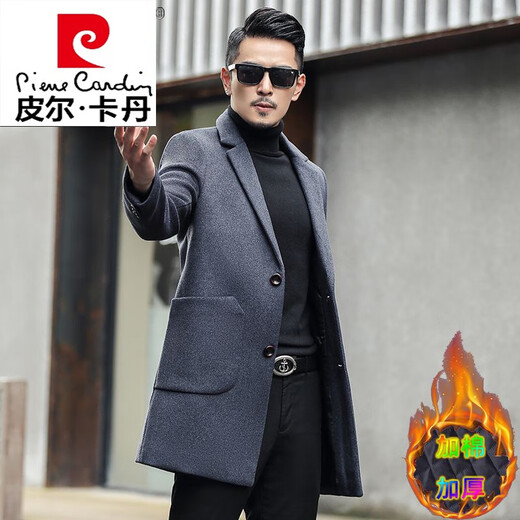皮尔卡丹（pierre cardin）风衣男中长款韩版修身秋冬季加厚羊毛呢子大衣男士呢子外套针织 82黑色 2XL 145-160斤