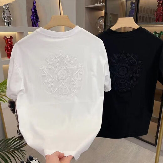 益帛短袖t恤男士夏季韩版潮流修身弹力重工刺绣五分半袖休闲圆领上衣 黑色 XL 【建议115-130斤】