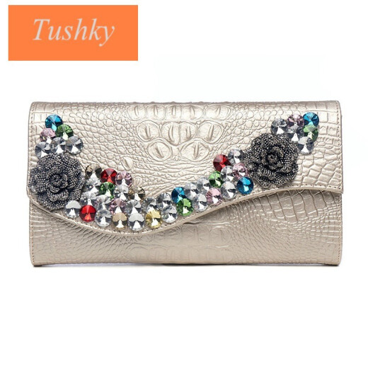 tushky品牌新款镶钻女牛皮手拿包女水钻手抓包时尚大容量夹包晚宴包手包 黑色