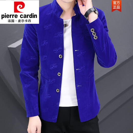 Pierre Cardin gold velvet tunic suit spring and autumn casual stand collar jacket men's suit Korean version slim youth solid color suit 1888 velvet thickened royal blue 2XL