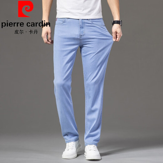 皮尔卡丹（pierre cardin）2024新款高级莱赛尔男士牛仔裤秋季薄款直筒宽松长裤弹力休闲针织 FXX 9767浅蓝色 31