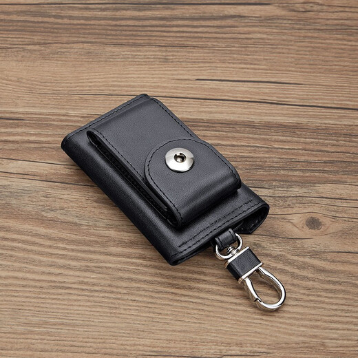 WILLIAMPOLO real cowhide car key bag for men's multi-function waist padlock keychain fashionable car lock Father's Day gift for dad Black plain stripes - top layer cowhide