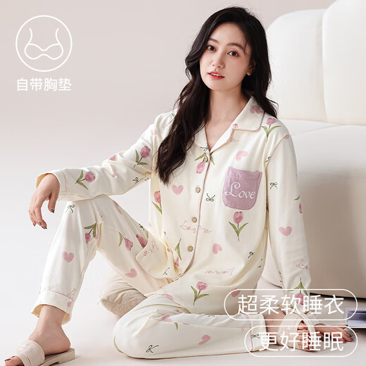 
Catman (MiiOW) pajamas with breast pad for women pure cotton spring and autumn 2024 new thin long sleeves for outside sweet home clothing set LMSJ753 L