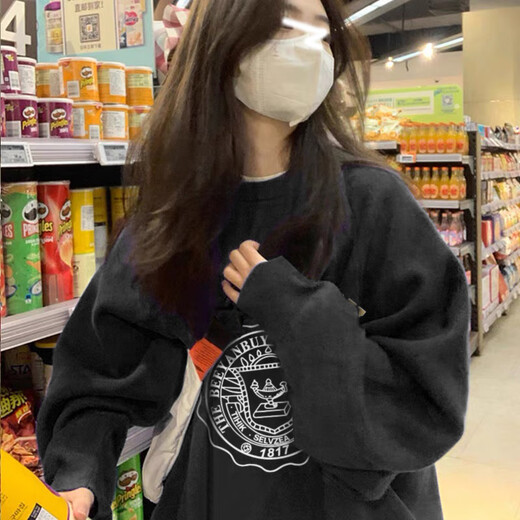 
Nohara Lin New Style Plus Fleece Thicken Street CHIC Hong Kong Style Sweater Without Hats Women's Small Loose and Lazy A1392 Black Thin Style [High Quality Not Pillable] L