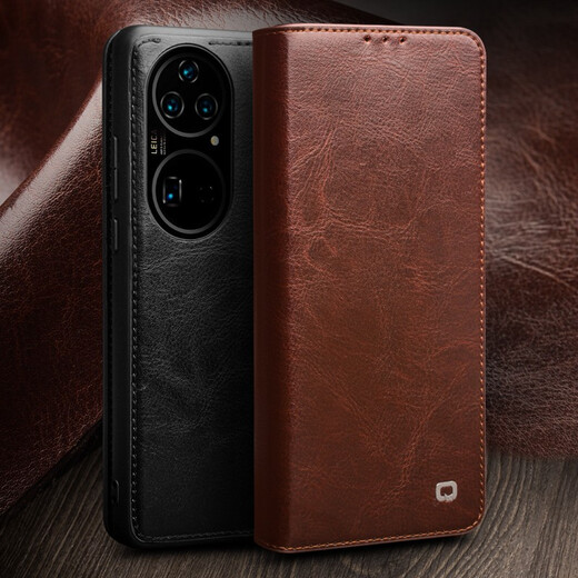 Qialino High-End Leder-Hülle geeignet für Huawei P50pro Mobiltelefon Hülle P50E Schutzhülle Full Cover Echtes Leder Anti-Fall-Fall-Männer und Frauen Huawei P50/50e Classic Brown