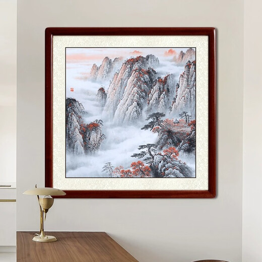 Zhao's Hengxi (ZONLOLV) Chinese ink painting master's pure hand-painted authentic landscape painting collection of water bloom hanging painting restaurant entrance decorative painting thousands of miles of rivers and mountains map feather ink with frame 65cm*65cm