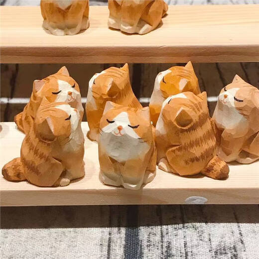 木雕小橘猫摆件手工艺品可爱的猫猫萌宠可爱手作造景猫咪桌面装饰 小橘猫