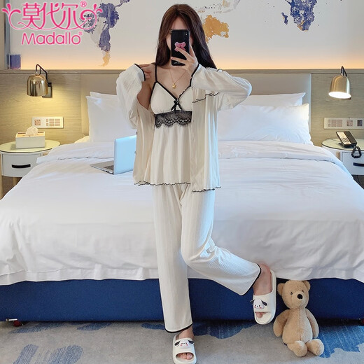 Modal pure desire lace four-season pajamas for women in summer spring and autumn pure cotton three and four-piece set 2025 new home clothing F1-826# vacation flower (three-piece set) M