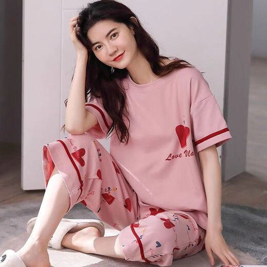 莫代尔新款睡衣女士夏季短袖七分裤套装宽松大码短裤可外穿薄休闲家居服 短袖七分裤：679 可爱熊 L 建议95-115斤穿