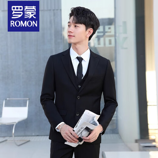 ROMON Suit Men's Korean Slim Jacket Groom Wedding Dress High-end Business Formal Casual Small Suit Men Black 2-button Top + Pants + Shirt 4XL Recommendation 175-190Jin Jin is equal to 0.5 kg
