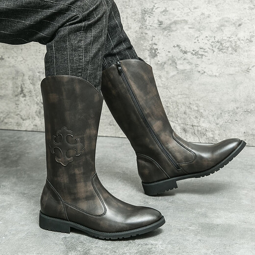 Yibaijian Western Cowboy -Stiefel Männer mongolische Reitstiefel hohe Rohrstiefel Pferdestiefel hohe Top -Stiefel hohe Top -Motorrad -Lederstiefel Herrenstiefel schwarz 42