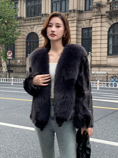 优吻（YOUWen）2024新款狐狸毛皮草女短款海宁整皮秋冬新款年轻时尚皮毛一体外套 卡其色 大码 130-150斤