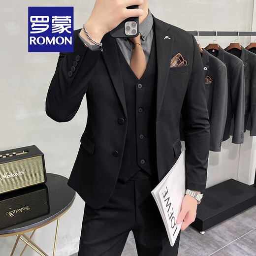 ROMON light mature style casual large size suit suit for men, Korean style slim fit two-button three-piece suit for commuting business small suit trendy medium gray suit + vest + trousers XL (recommended 125-135Jin Jin is equal to 0.5 kg)