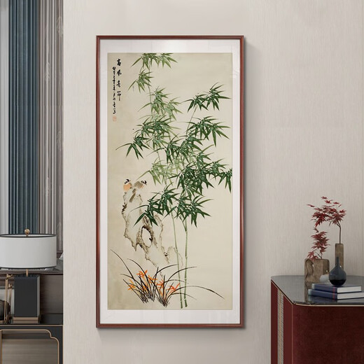 Good wood, new Chinese style bamboo sign for safety, entrance hall decoration painting, corridor aisle, ink Chinese painting, bamboo hanging painting, hand-painted A-bamboo sign for safety-elegant mahogany frame 80*160CM-high-definition giclee SA1