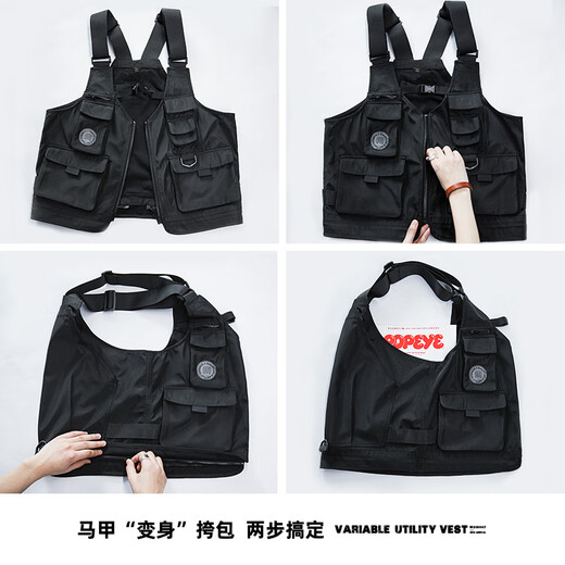 马登工装多口袋机能战术马甲户外无袖坎肩摄影钓鱼两用挎包外套男 黑色 均码