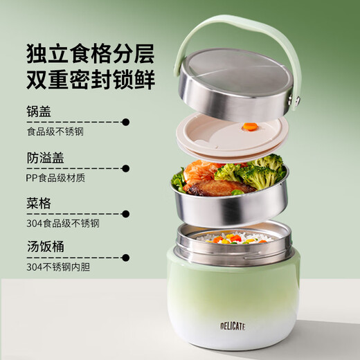 Xushansi insulated lunch box, insulated in winter, student with rice bucket, office worker rice bucket, small stainless steel soup kettle, large green + thickened thermal bag 1600ml