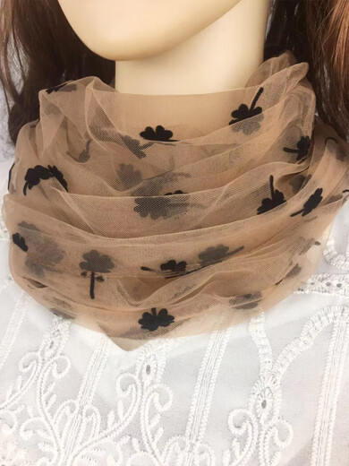 恒源祥丝巾女套头网纱小围脖女春夏防晒护颈椎薄款显白脖套时尚百搭围巾 幸运花 杏色[1个装]