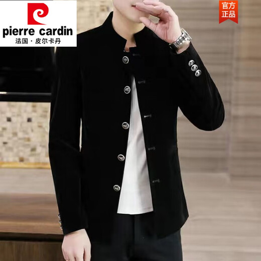 Pierre Cardin gold velvet tunic suit spring and autumn casual stand collar jacket men's suit Korean version slim youth solid color suit 1888 velvet thickened royal blue 2XL