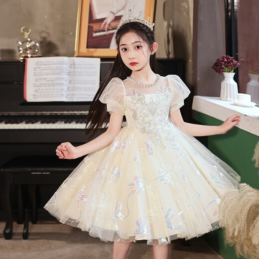 奥蒙威（AOMENGWEI）女童礼服公主裙甜美儿童花童婚纱生日连衣裙主持钢琴演出服DY9208 香槟色短袖【单裙】 150