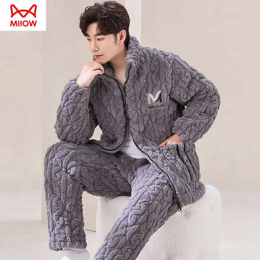 Catman (Miiow) Neuer Herbst- und Winter-Dreischicht-Baumwoll-Pyjamas-Korallen-Samt und Samt, der Flanell-Hauskleidung Winteranzug Dunkelbraun M6627 3-Layer L [95-120jin [Jin ist gleich 0,5 kg]] Dreischichtig eingedickt