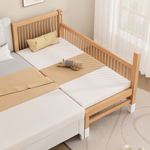 
Qiuying liftable beech wood splicing bed solid wood children's bed crib widened splicing large bed children's bed side splicing bed three-side side lift 5cm mattress + 7A antibacterial pure cotton bed circumference can lift length 200 wide 80 high 35 [60 guardrail]
