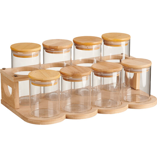 Zhenxiqi spice storage box combination set sealed jar glass kitchen household dried chili condiment sub-package seasoning bottle jar short model * 4 + tall model * 4 + storage rack