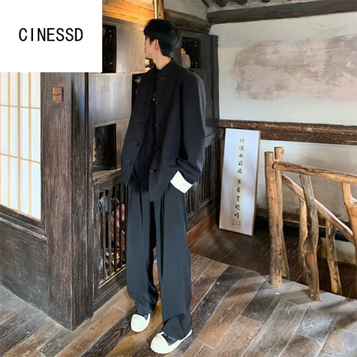 CINESSD新中式男装西服冷淡系感外套痞帅中山装夹克黑色订婚礼服夏季 黑色【西裤】 高质量 XL 135-150斤