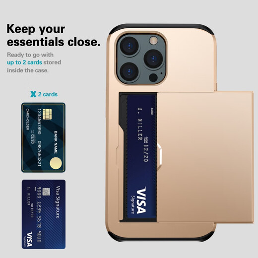 
Muhou right push storage card bag suitable for 15promax mobile phone case Apple 14plus with card box iPhone 13 portable hidden money ID 12 card case can be installed with key 11 Golden iPhone 14