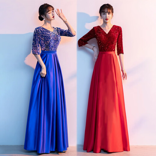 Pugesi (PUGESI) new chorus performance clothing women's long dress hosting banquet middle-aged and elderly choir conductor sequined slimming evening dress blue host performance clothing L