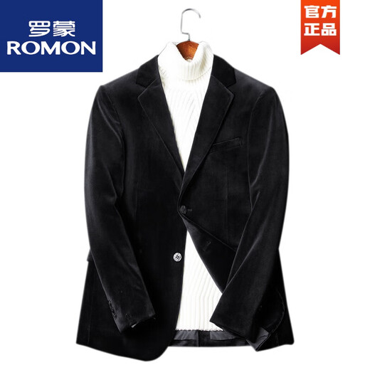 ROMON European blazer men's Korean version slim business casual simple fashion gold velvet handsome suit top black XL