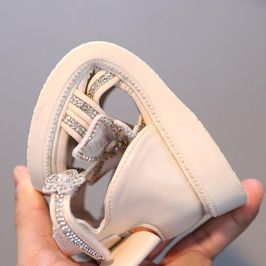 LINGLI Girls Sandals 2026 Summer New Children's Princess Shoes Baby Non-Slip Girls Crystal Shoes Summer Beach Spring M07 Beige 33