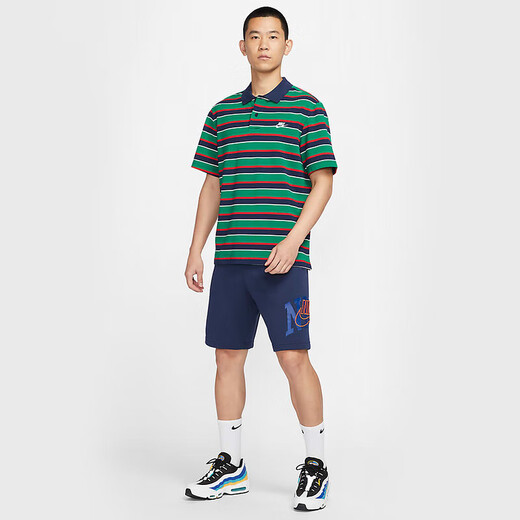 
Nike striped short-sleeved T-shirt in summer new sportswear loose casual breathable lapel POLO shirt top FN3897-410 blue and green stripes L