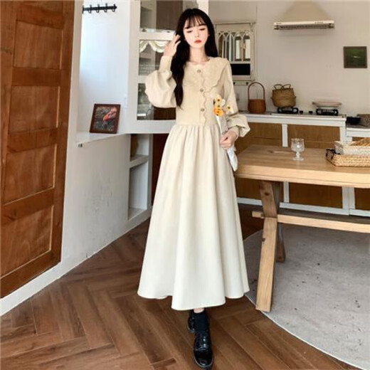 High school student adult dress women's winter 18-year-old graduation evening dress French gentle round neck knitted dress Apricot L Recommended 105-115 Jin Jin equals 0.5 kg