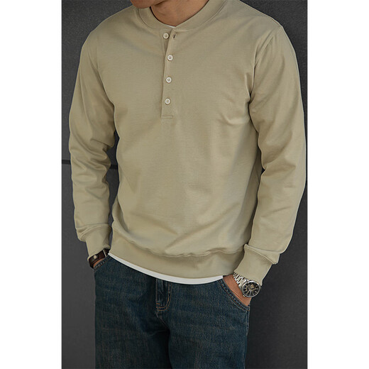 American retro heavyweight cotton baseball collar henley shirt T-shirt Ami Khaki tough guy style bottoming shirt men's spring white S