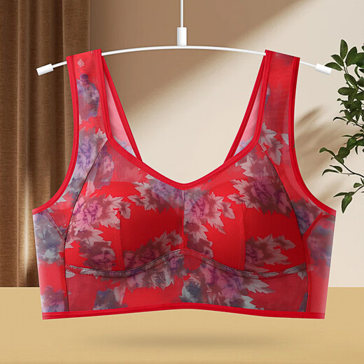 York Rabbit (YueKeTu) (1 piece) New Lace Beautiful Back Vest Women's Mesh Printed Underwear Full Cup Fixed Cup Push-up Bra YKT Red 3L Size (Recommended 120-140 Jin Jin equals 0.5 kg)