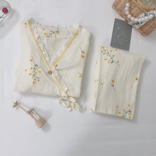 
Pregnant women pajamas spring and autumn cotton gauze confinement clothes summer postpartum mother breastfeeding pregnancy home clothing set for women Huang Juhua kimono A1047#A M 80-100Jin [Jin equals 0.5 kg]