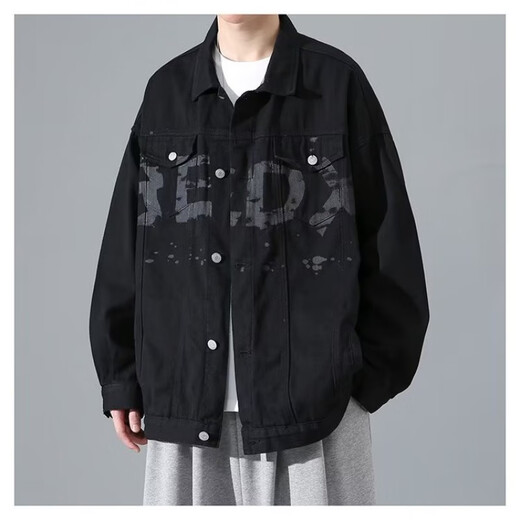Digada American denim jacket men's fashion new trendy brand retro Hong Kong style workwear casual loose handsome heavy jacket men TY842 black regular XL 100-120Jin Jin equals 0.5 kg